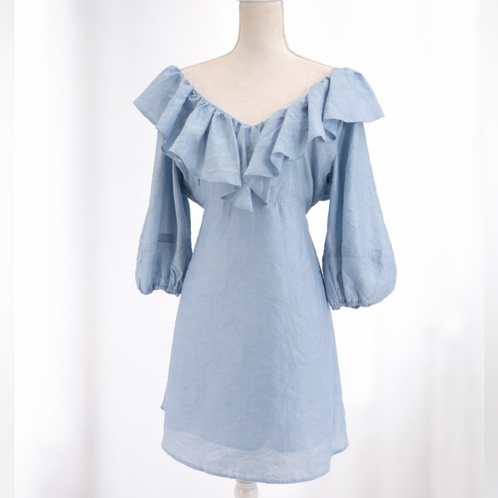 Nobody’s Child Light Blue Bardot Off Shoulder Ruffle Mini Dress Size 14